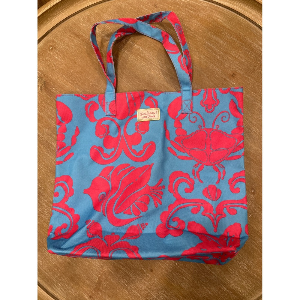 Lilly Pulitzer Estee Lauder Canvas Tote Bag Blue Pink Crab Sea Life Print